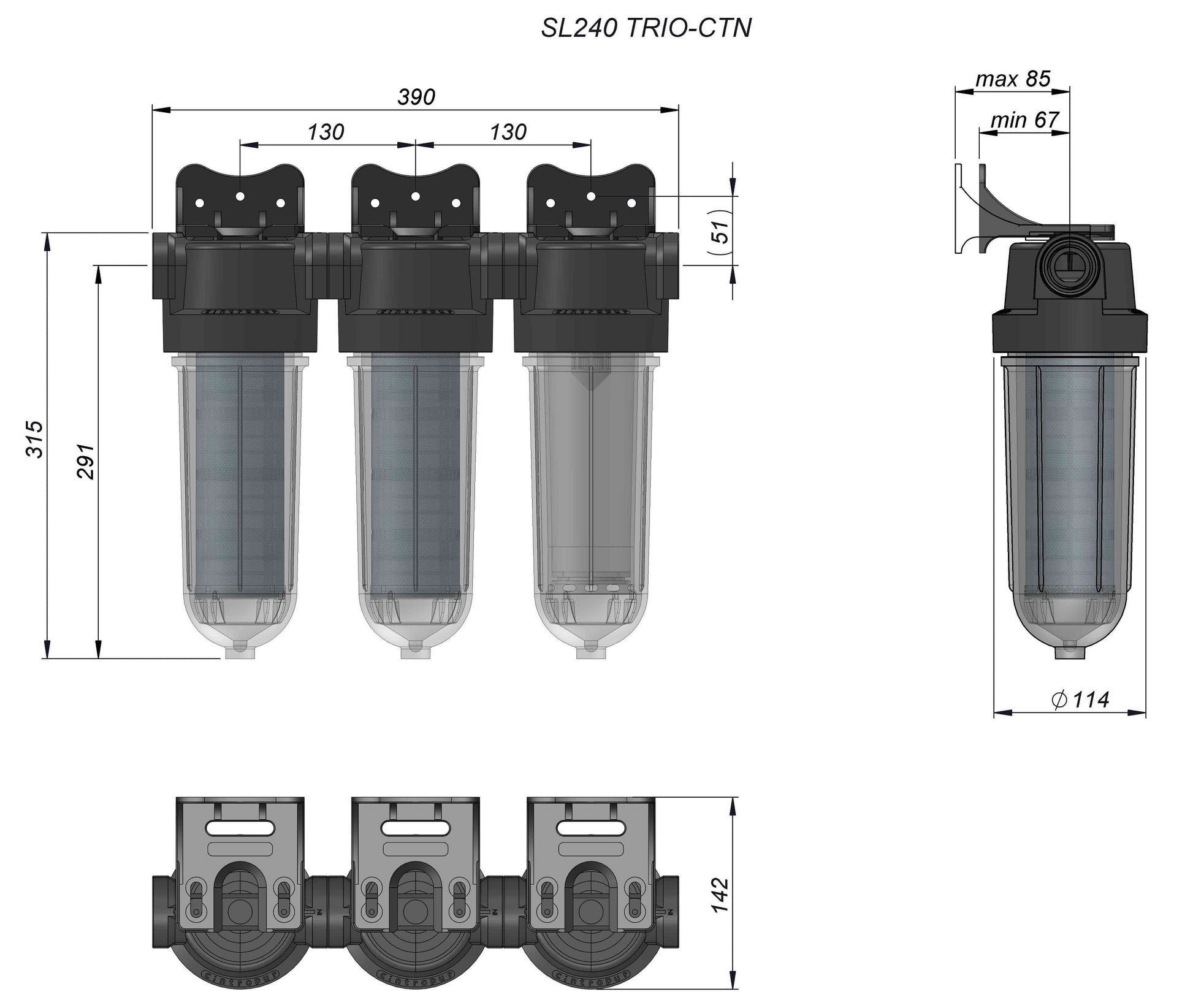 Vattenfilter egen brunn SL240 Trio - Dubbel Partikel + Kol - filtrering Cintropur - Vattenfilterhuset